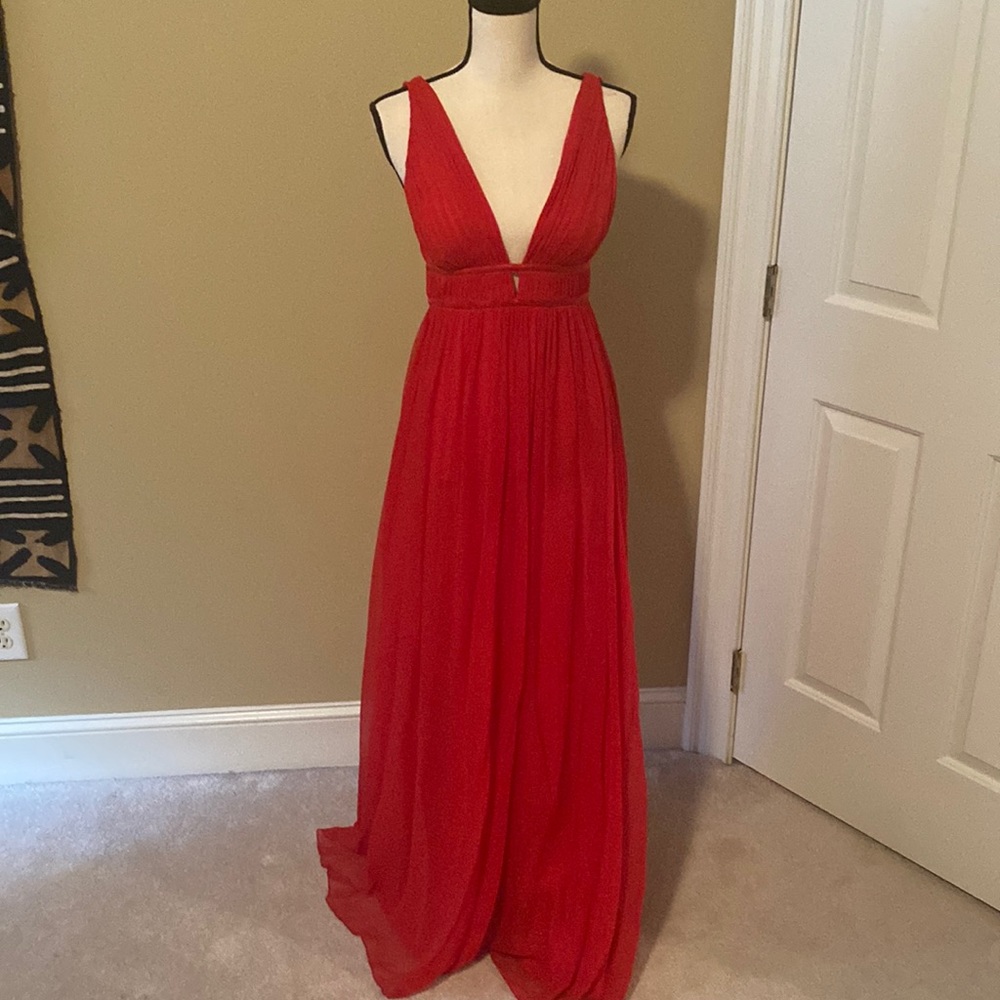 Red silk chiffon gown by Aidan Mattox. Size 4.